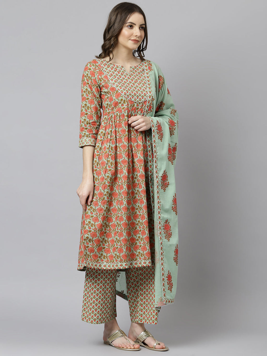 Janasya Women's Light Green Cotton Floral Print Kurta With Palazzo And Dupatta