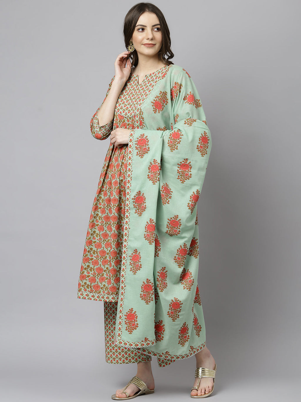 Janasya Women's Light Green Cotton Floral Print Kurta With Palazzo And Dupatta