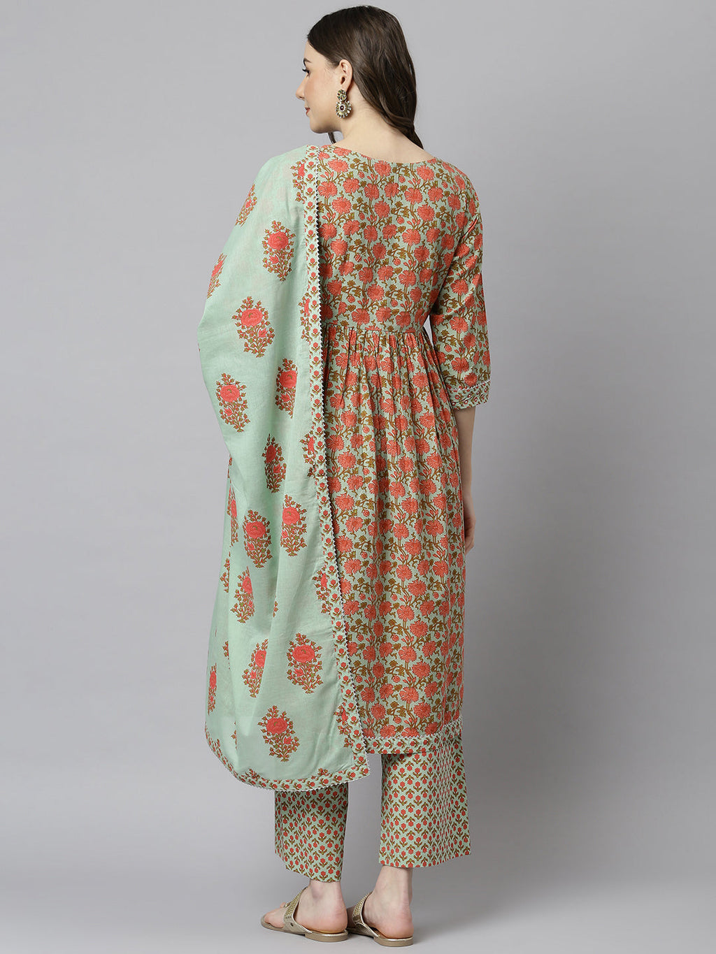 Janasya Women's Light Green Cotton Floral Print Kurta With Palazzo And Dupatta