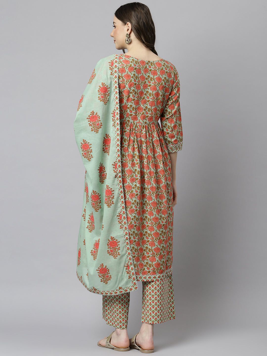 Janasya Women's Light Green Cotton Floral Print Kurta With Palazzo And Dupatta