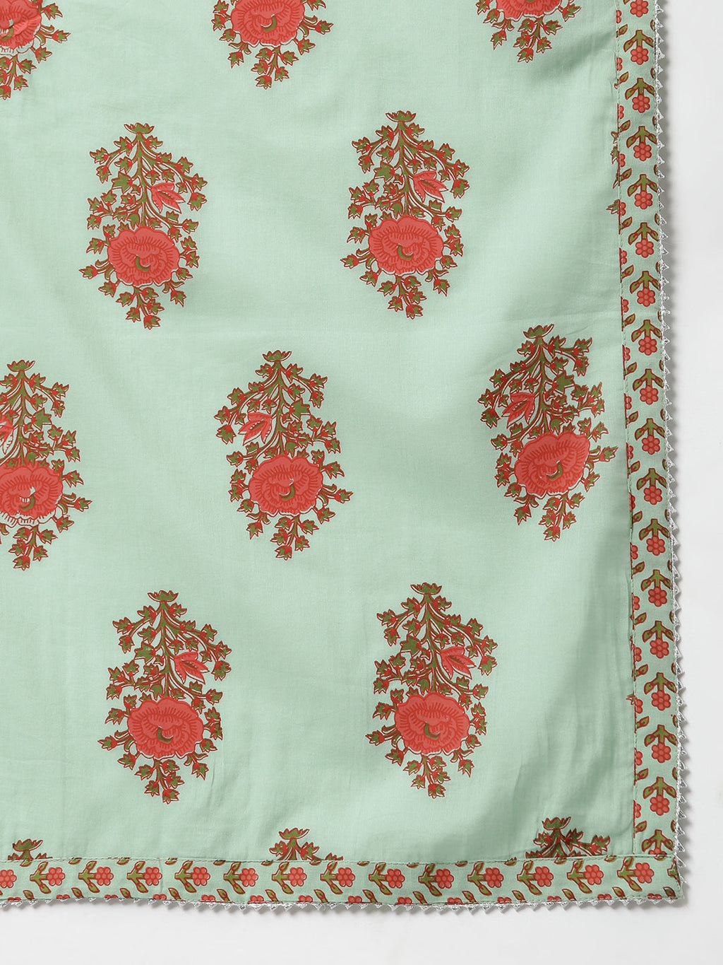 Janasya Women's Light Green Cotton Floral Print Kurta With Palazzo And Dupatta