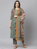 Janasya Women's Green Cotton Embroidered Kurta With Pant And Dupatta