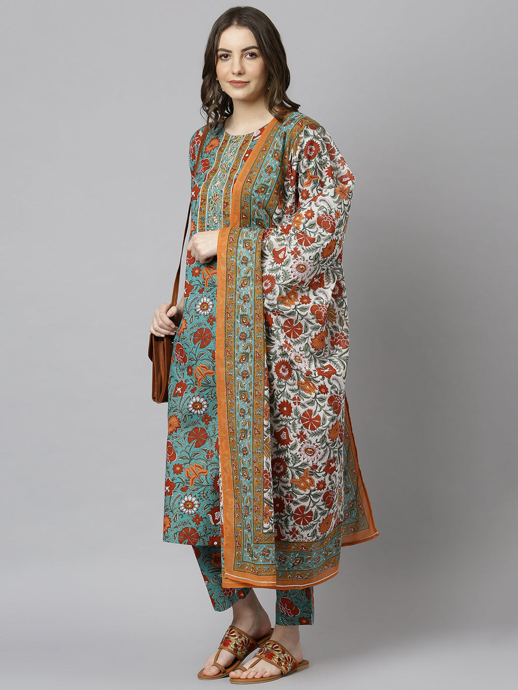 Janasya Women's Green Cotton Embroidered Kurta With Pant And Dupatta