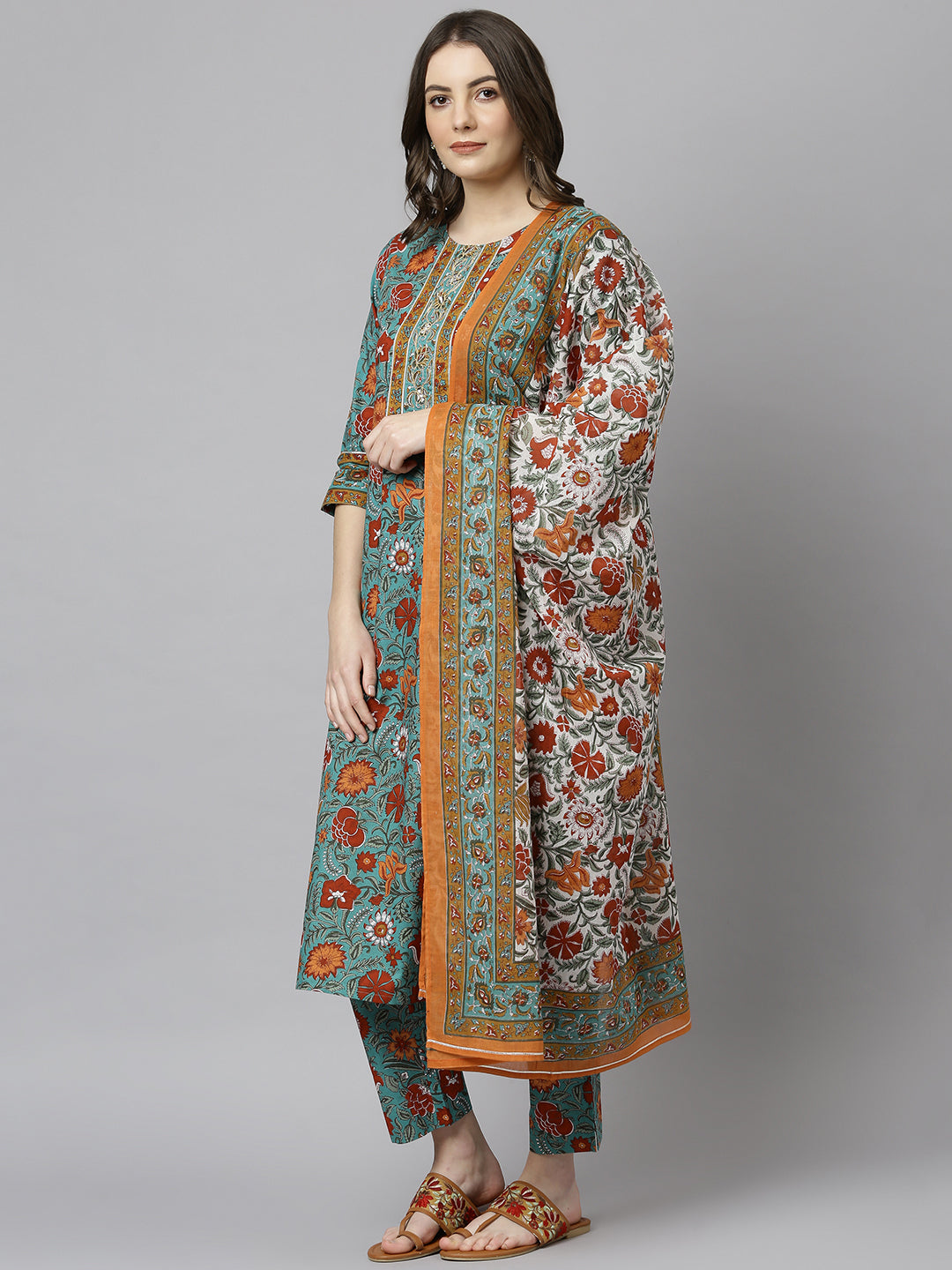 Janasya Women's Green Cotton Embroidered Kurta With Pant And Dupatta