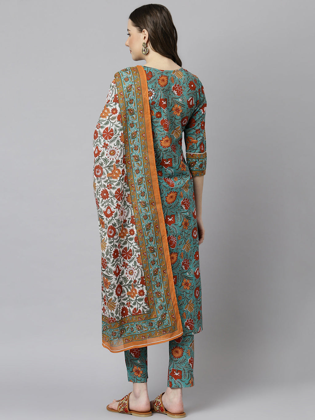 Janasya Women's Green Cotton Embroidered Kurta With Pant And Dupatta