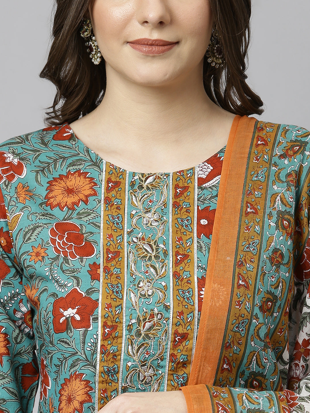 Janasya Women's Green Cotton Embroidered Kurta With Pant And Dupatta
