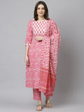 Janasya Women's Pink Cotton Floral Print Kurta With Pant And Dupatta