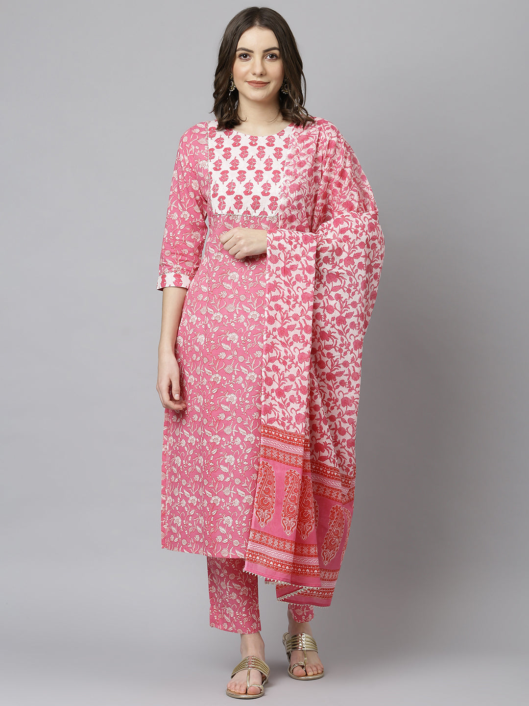 Janasya Women's Pink Cotton Floral Print Kurta With Pant And Dupatta