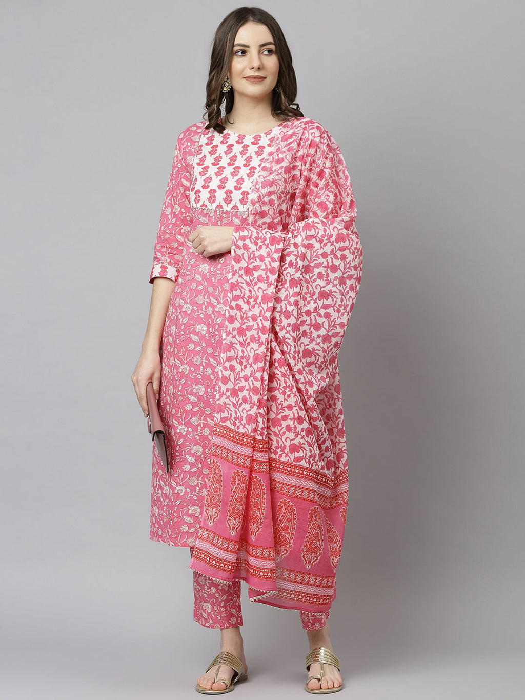 Janasya Women's Pink Cotton Floral Print Kurta With Pant And Dupatta