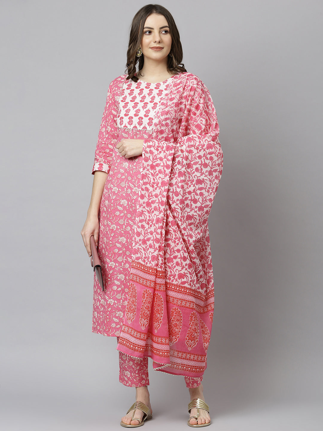 Janasya Women's Pink Cotton Floral Print Kurta With Pant And Dupatta