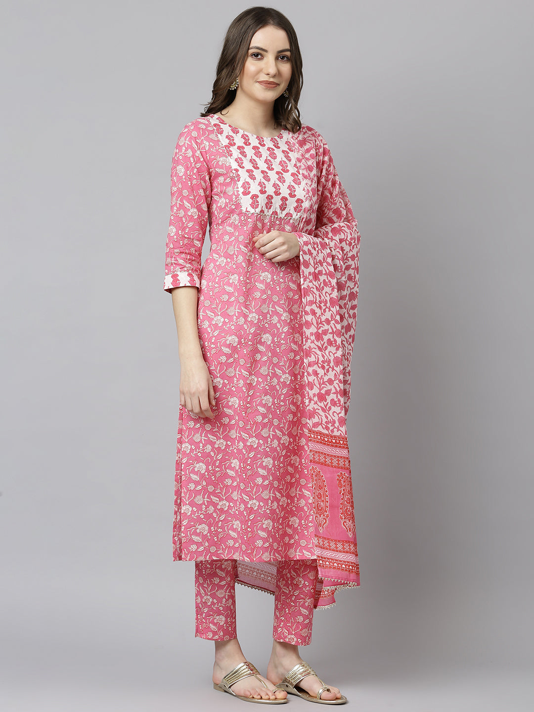Janasya Women's Pink Cotton Floral Print Kurta With Pant And Dupatta