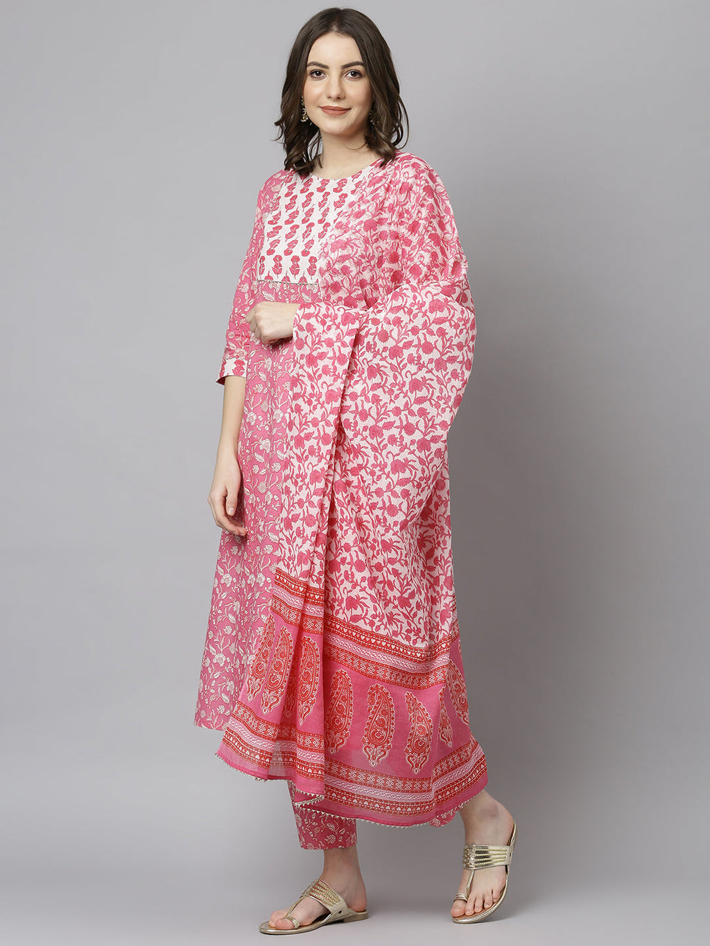 Janasya Women's Pink Cotton Floral Print Kurta With Pant And Dupatta