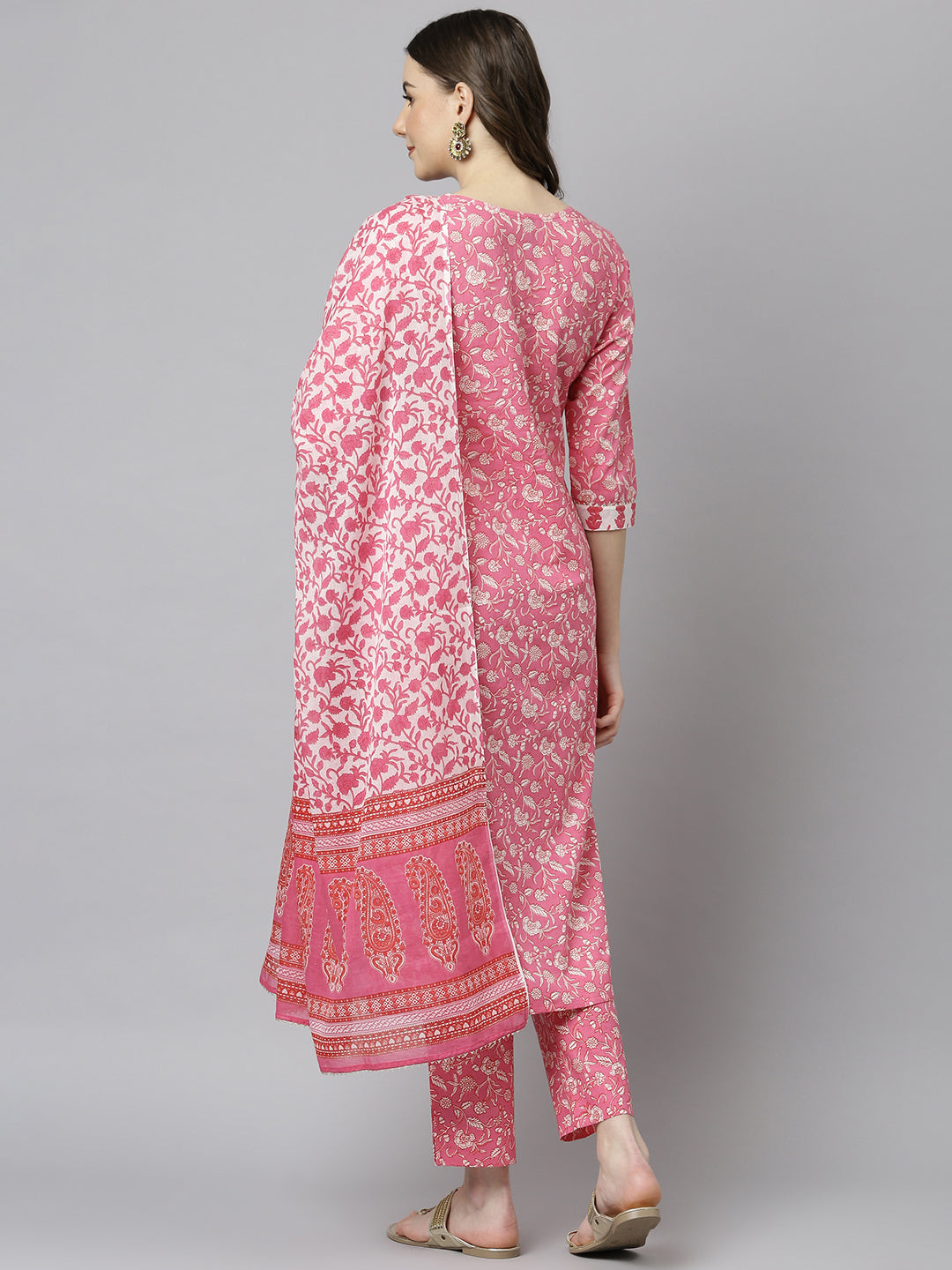 Janasya Women's Pink Cotton Floral Print Kurta With Pant And Dupatta