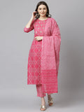 Janasya Women's Pink Cotton Bandhani Kurta With Pant And Dupatta