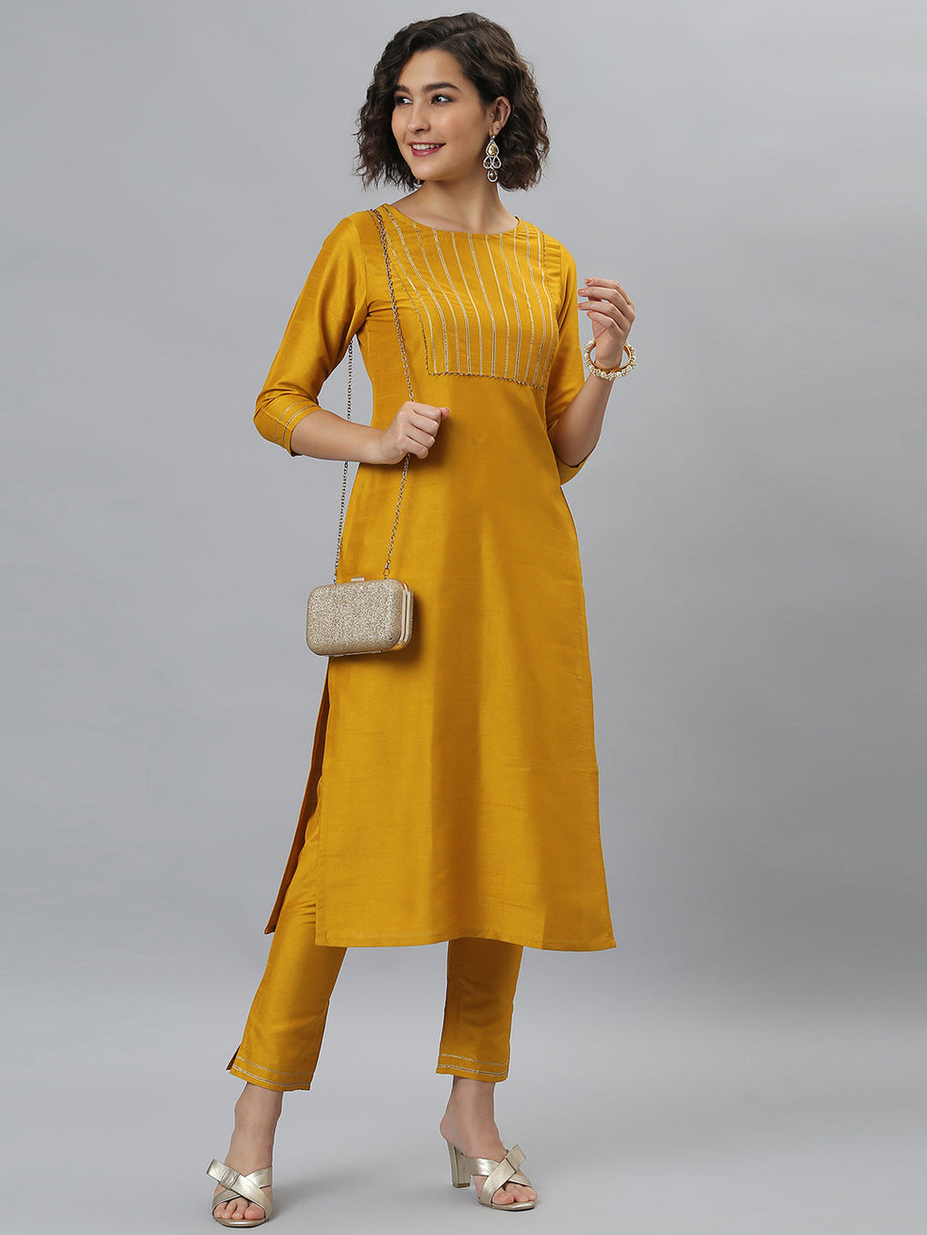 Janasya Women's Mustard Poly Silk Solid Straight Festive Kurta Set