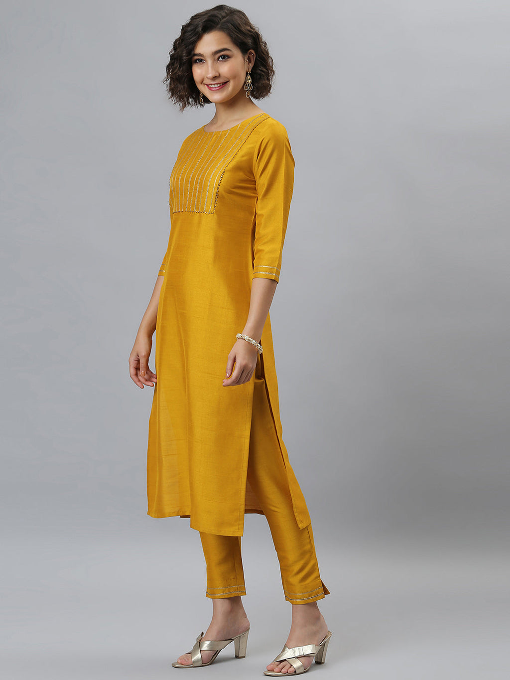 Janasya Women's Mustard Poly Silk Solid Straight Festive Kurta Set