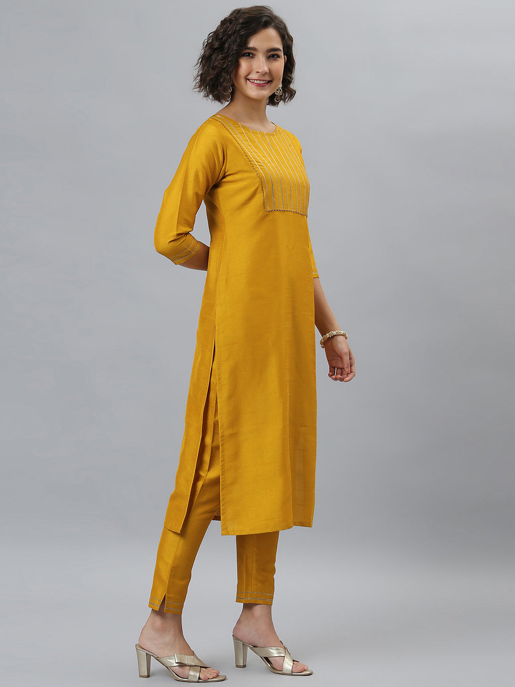 Janasya Women's Mustard Poly Silk Solid Straight Festive Kurta Set