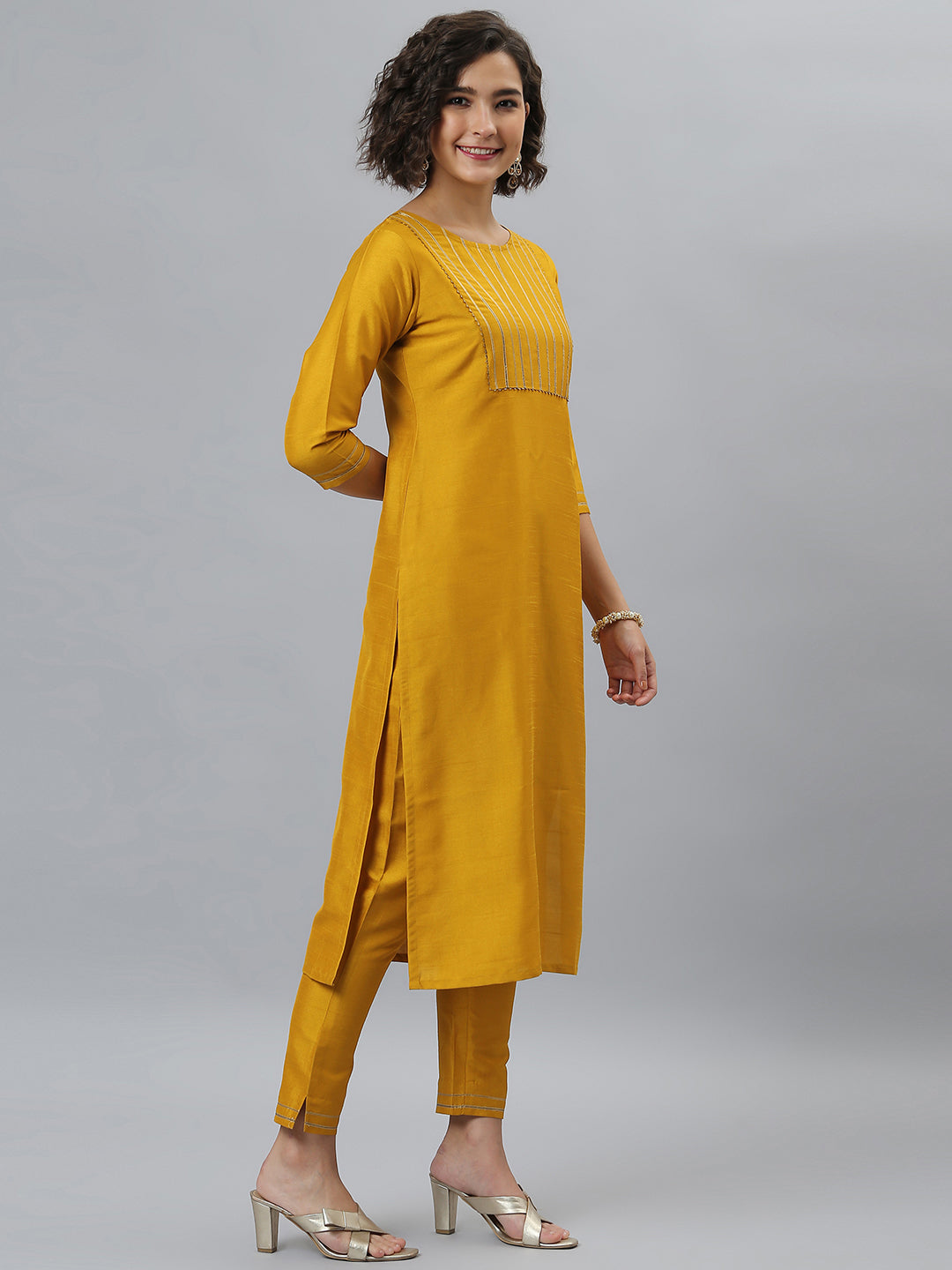 Janasya Women's Mustard Poly Silk Solid Straight Festive Kurta Set
