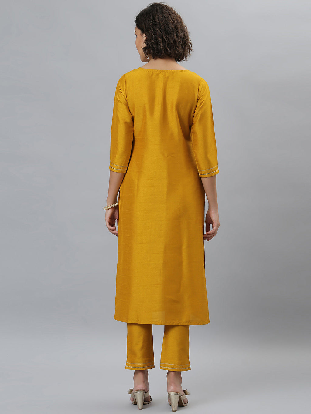 Janasya Women's Mustard Poly Silk Solid Straight Festive Kurta Set