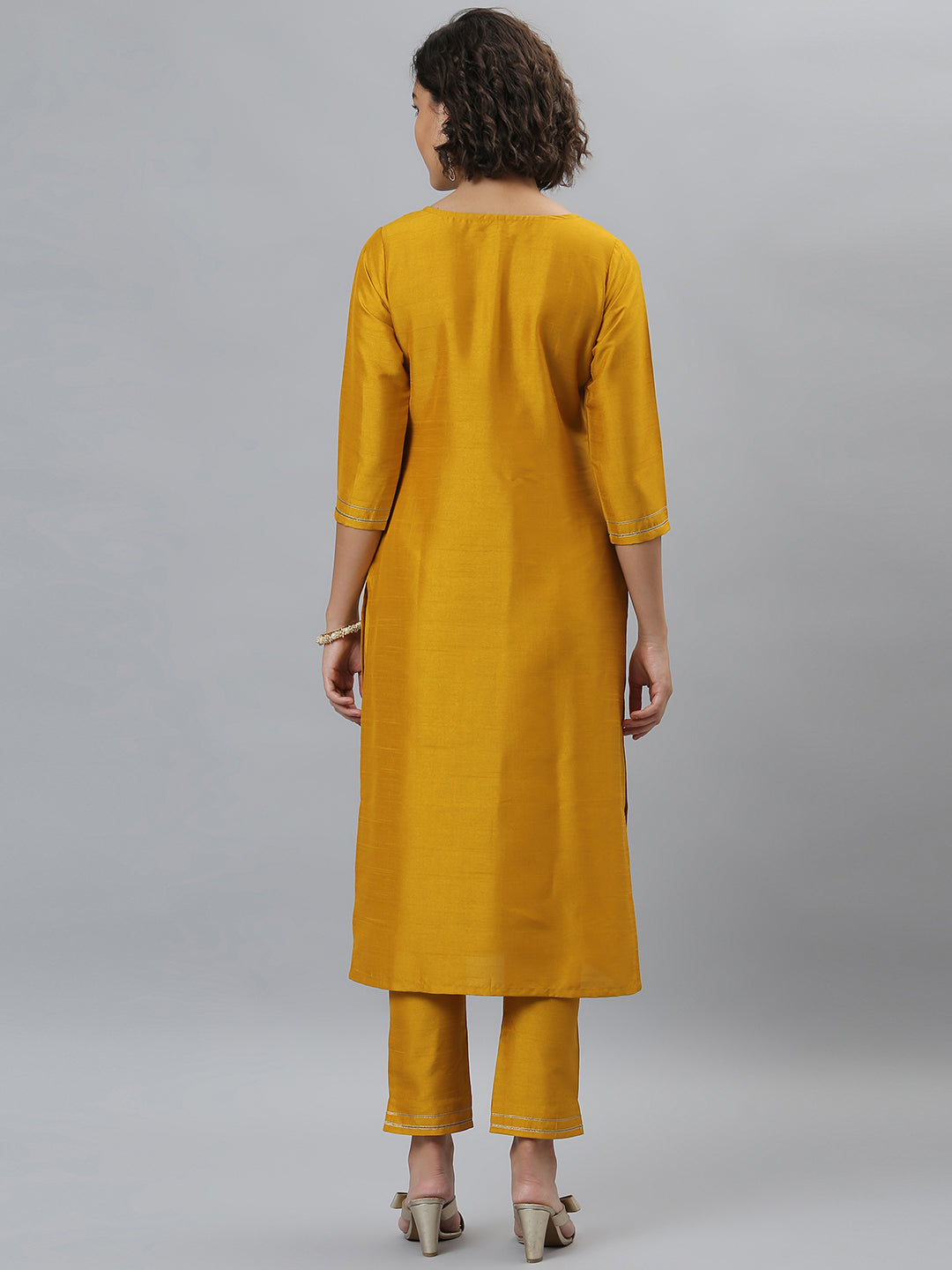 Janasya Women's Mustard Poly Silk Solid Straight Festive Kurta Set