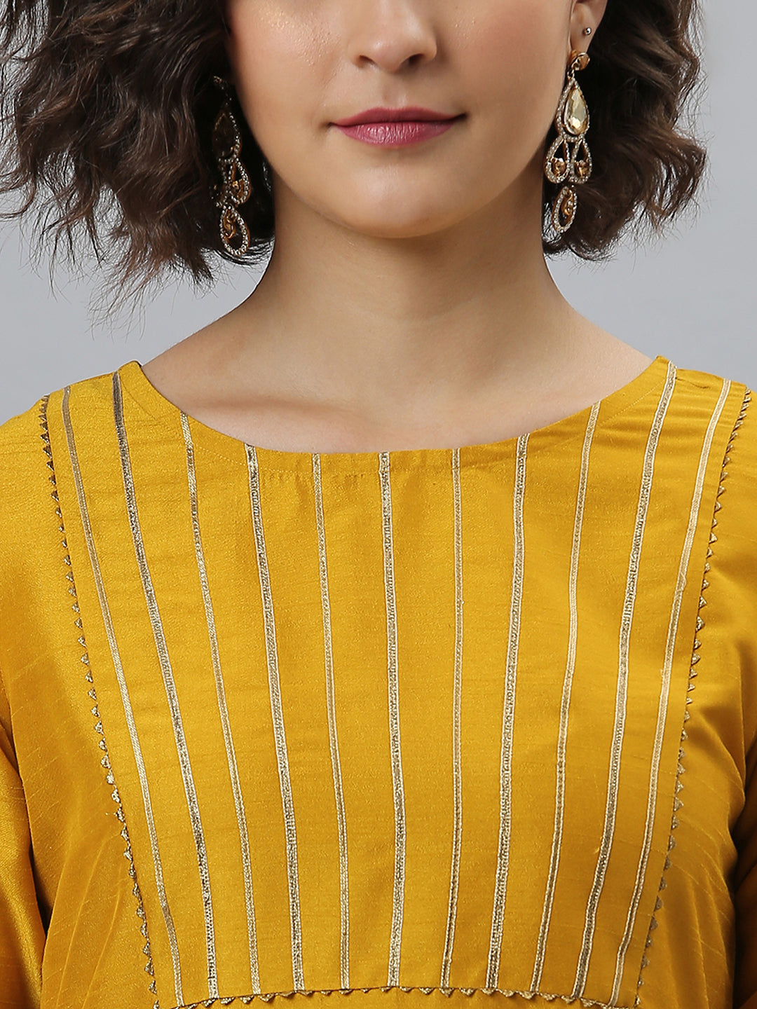 Janasya Women's Mustard Poly Silk Solid Straight Festive Kurta Set