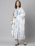 Janasya Women's White Cotton Block Print Kurta With Pant And Dupatta