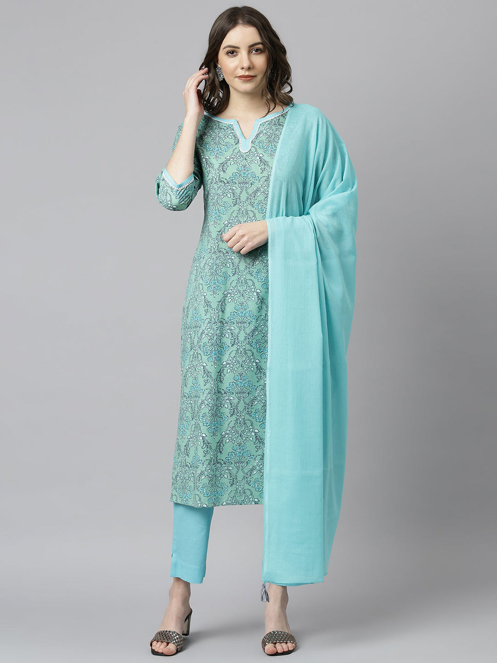 Janasya Women's Sea Green Cotton Floral Print Kurta With Pant And Dupatta