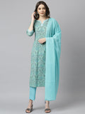 Janasya Women's Sea Green Cotton Floral Print Kurta With Pant And Dupatta