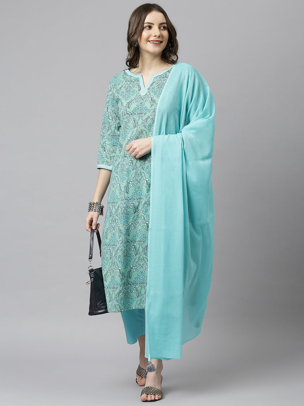 Janasya Women's Sea Green Cotton Floral Print Kurta With Pant And Dupatta