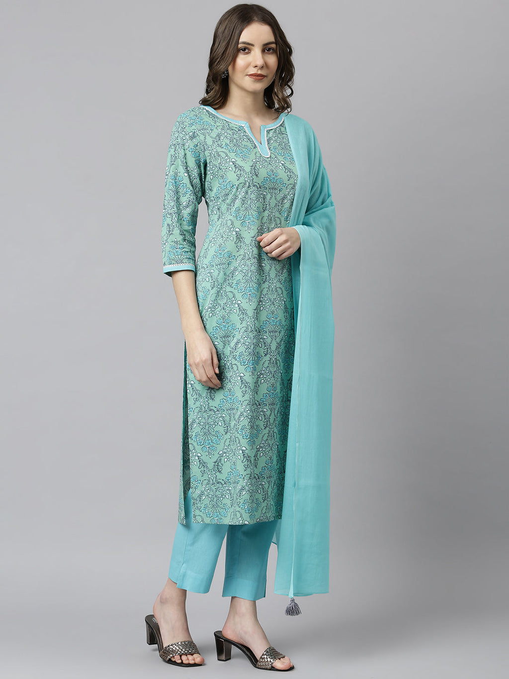 Janasya Women's Sea Green Cotton Floral Print Kurta With Pant And Dupatta
