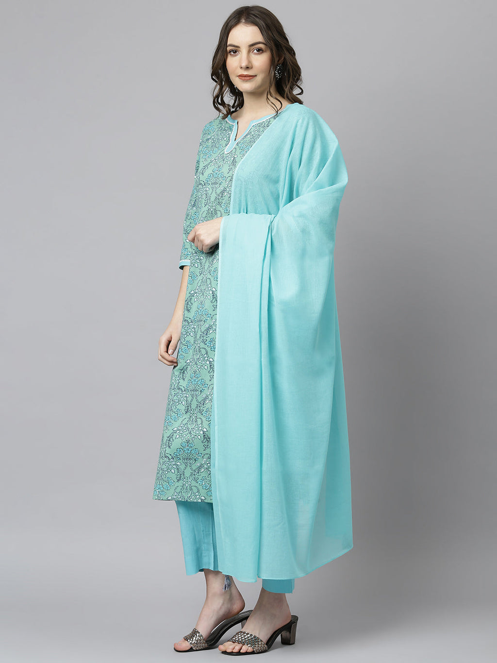 Janasya Women's Sea Green Cotton Floral Print Kurta With Pant And Dupatta