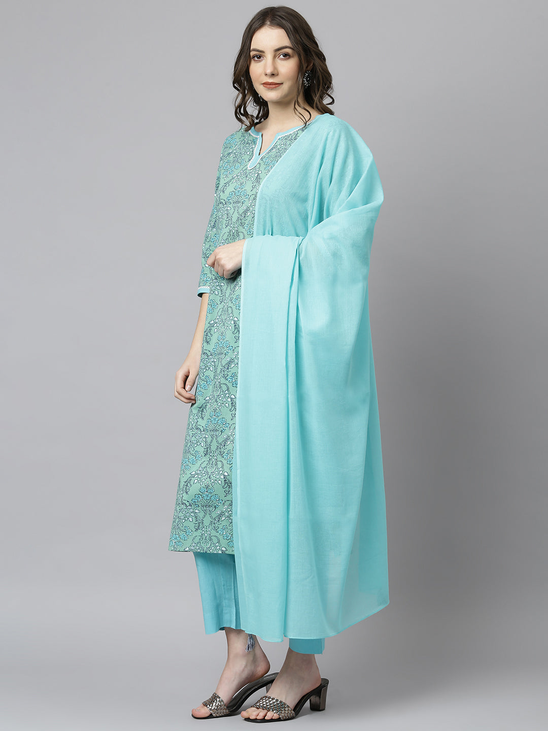 Janasya Women's Sea Green Cotton Floral Print Kurta With Pant And Dupatta