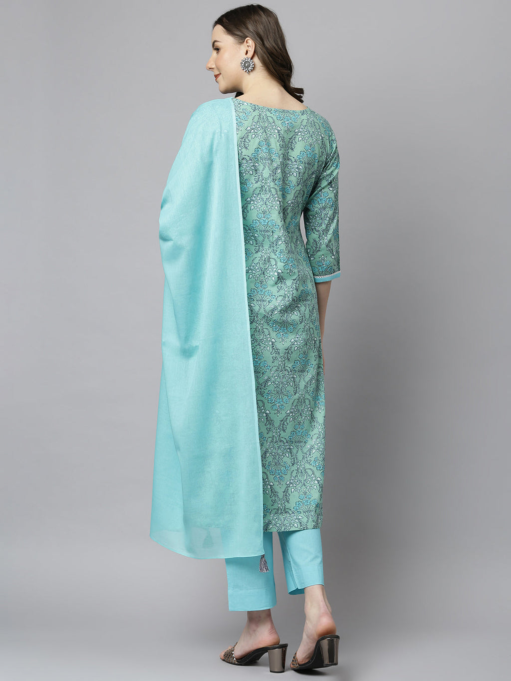 Janasya Women's Sea Green Cotton Floral Print Kurta With Pant And Dupatta