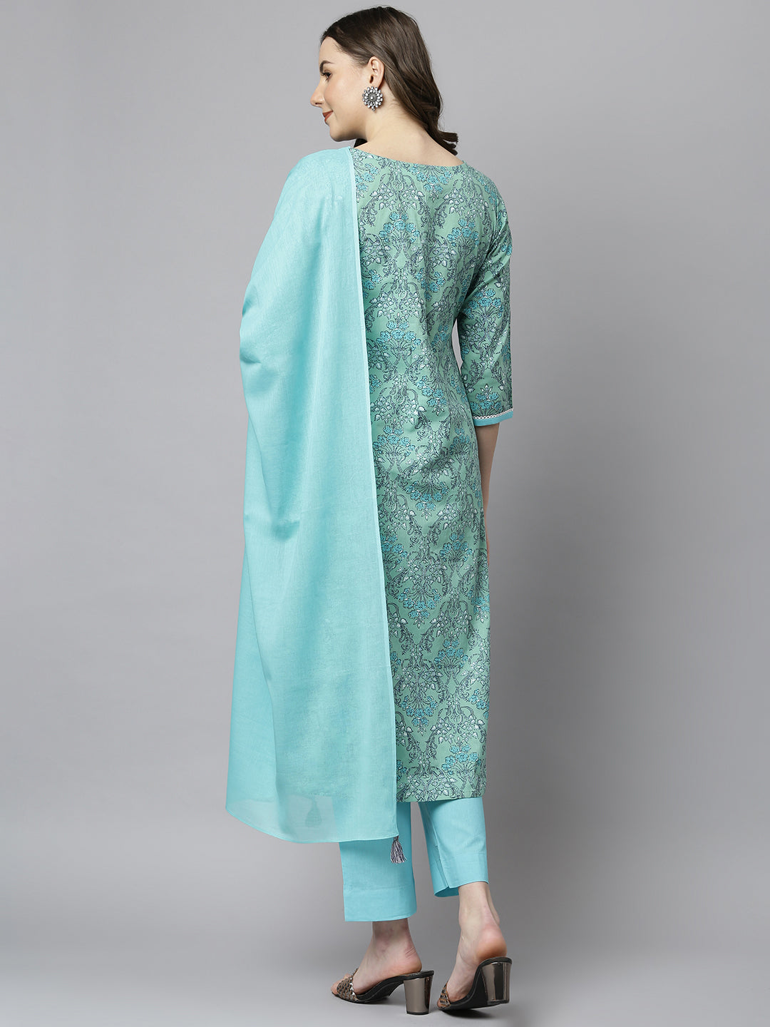Janasya Women's Sea Green Cotton Floral Print Kurta With Pant And Dupatta