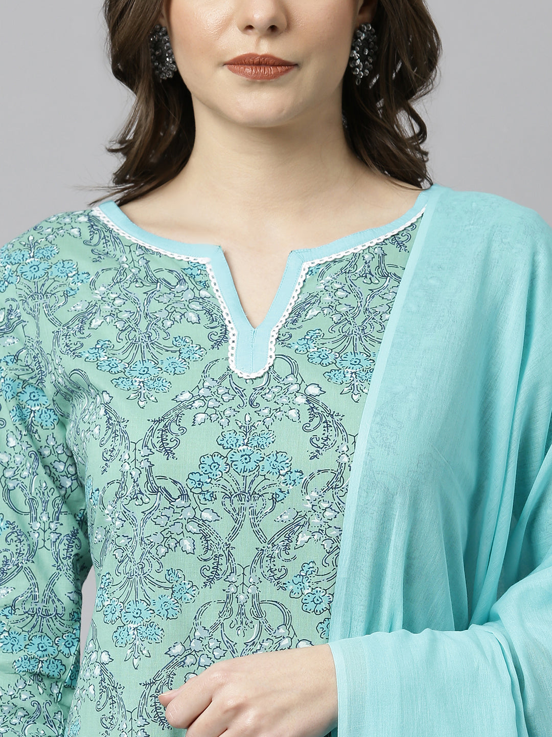 Janasya Women's Sea Green Cotton Floral Print Kurta With Pant And Dupatta