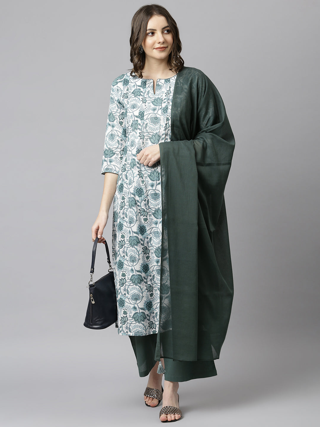 Janasya Women's White Cotton Floral Print Kurta With Palazzo And Dupatta