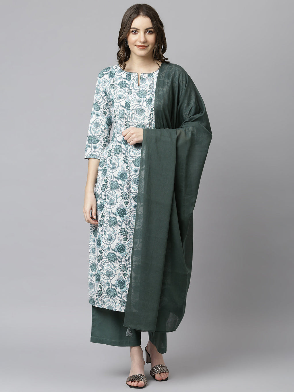 Janasya Women's White Cotton Floral Print Kurta With Palazzo And Dupatta
