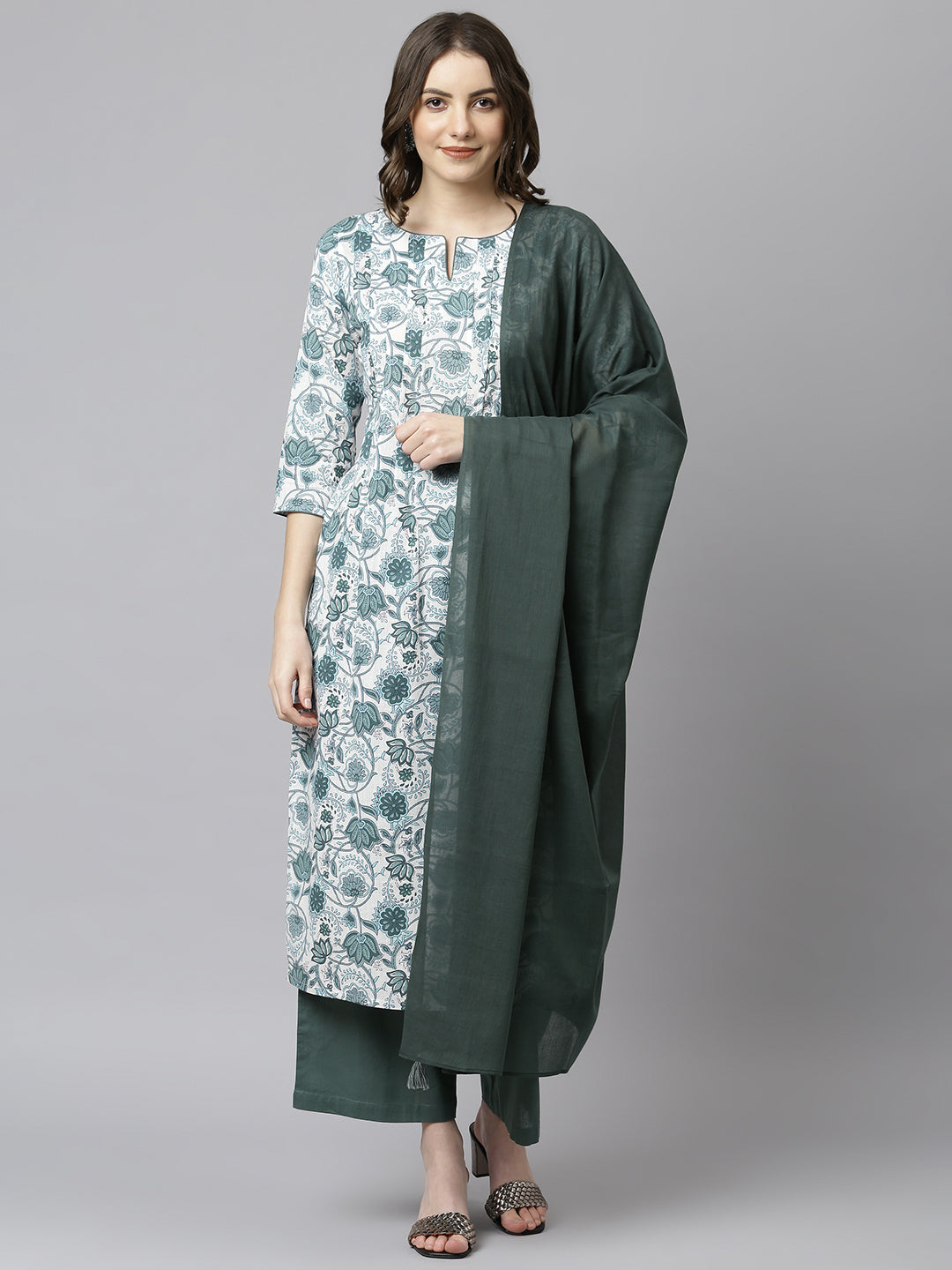 Janasya Women's White Cotton Floral Print Kurta With Palazzo And Dupatta