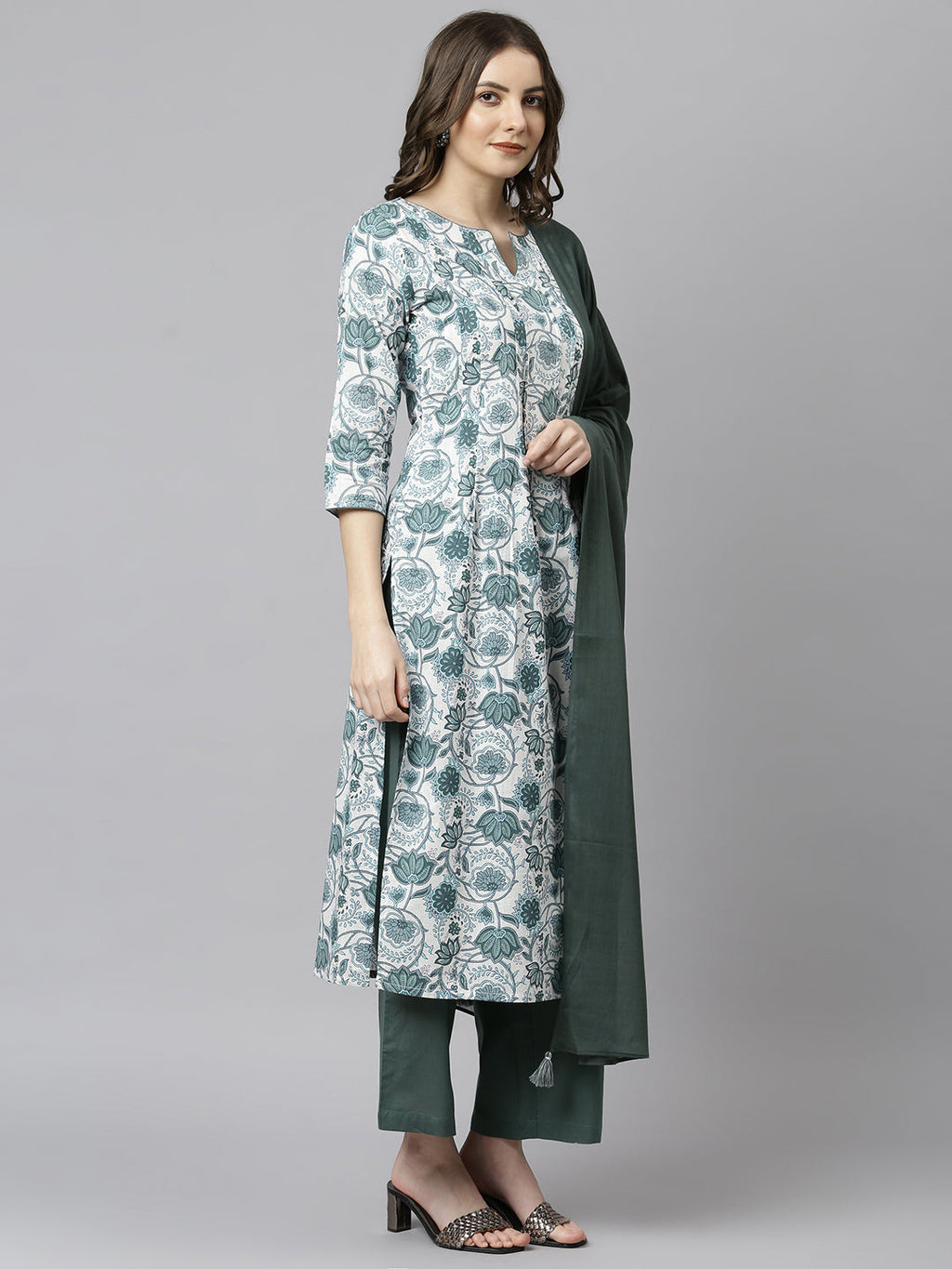 Janasya Women's White Cotton Floral Print Kurta With Palazzo And Dupatta