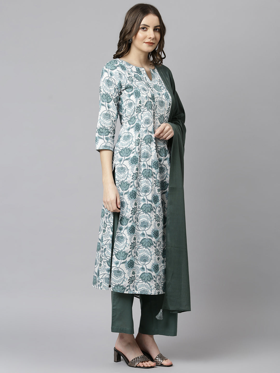 Janasya Women's White Cotton Floral Print Kurta With Palazzo And Dupatta