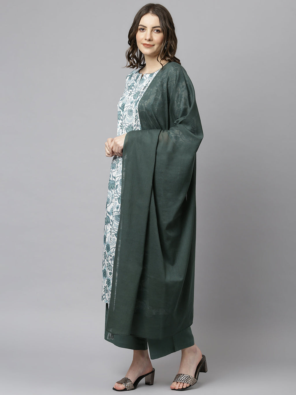 Janasya Women's White Cotton Floral Print Kurta With Palazzo And Dupatta