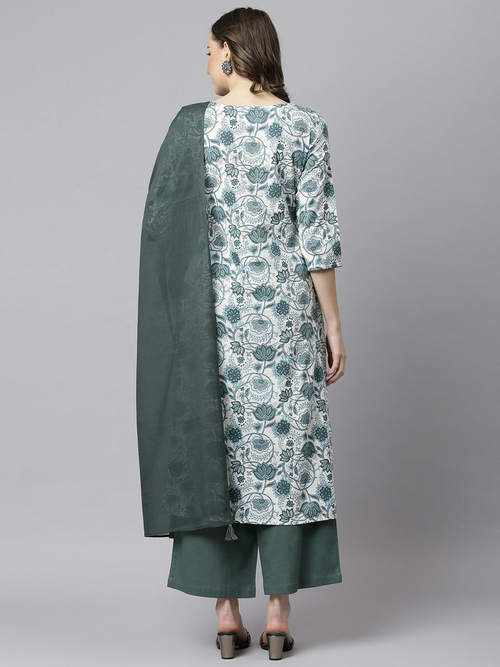 Janasya Women's White Cotton Floral Print Kurta With Palazzo And Dupatta