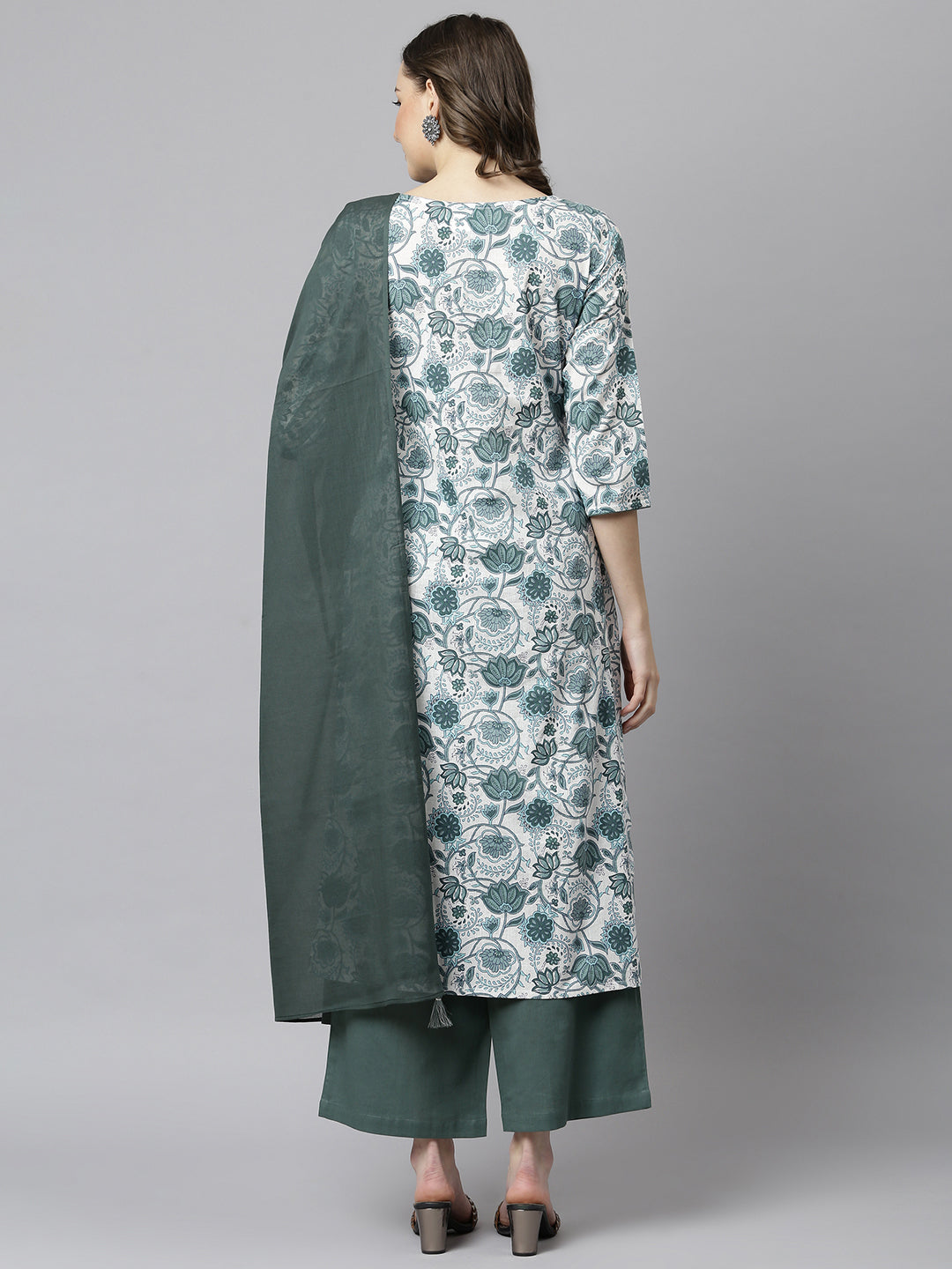 Janasya Women's White Cotton Floral Print Kurta With Palazzo And Dupatta
