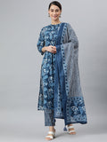 Janasya Women's Blue Cotton Block Print Kurta With Pant And Dupatta