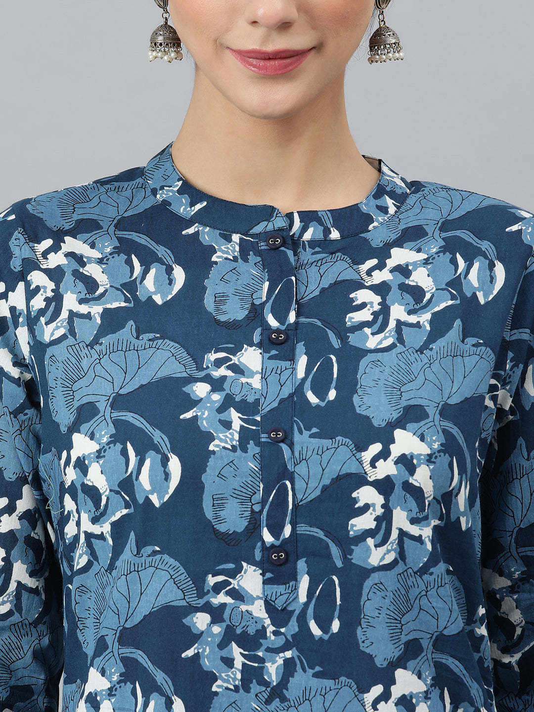 Janasya Women's Blue Cotton Block Print Kurta With Pant And Dupatta