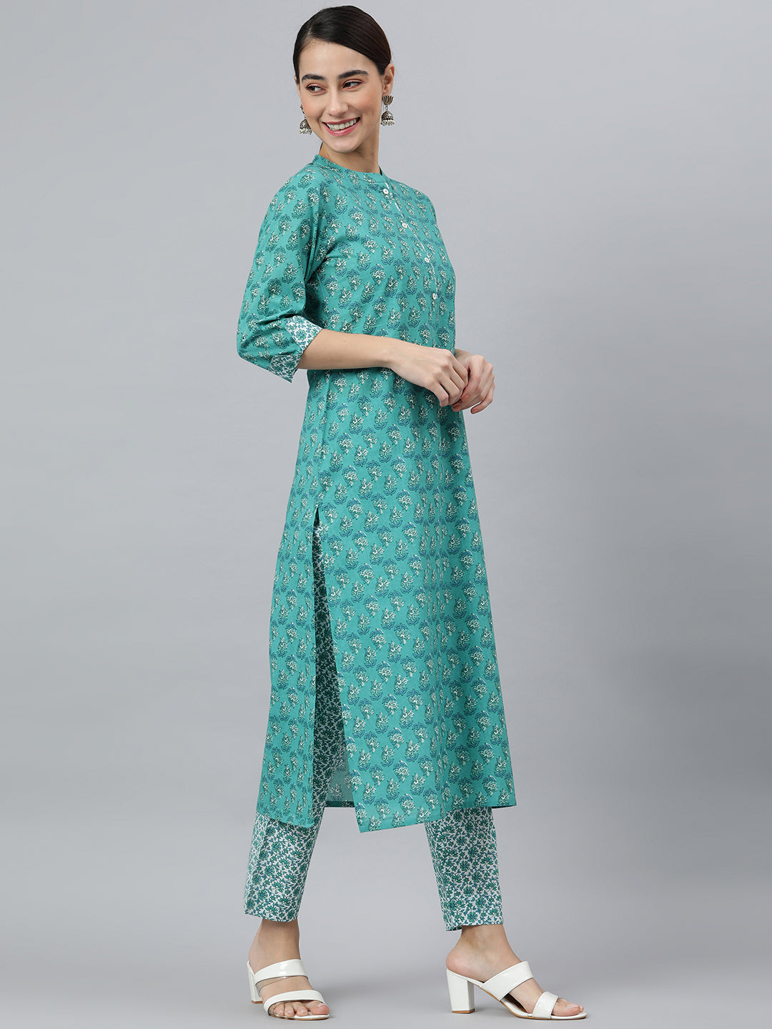 Janasya Women's Sea Green Cotton Block Print Kurta With Pant And Dupatta