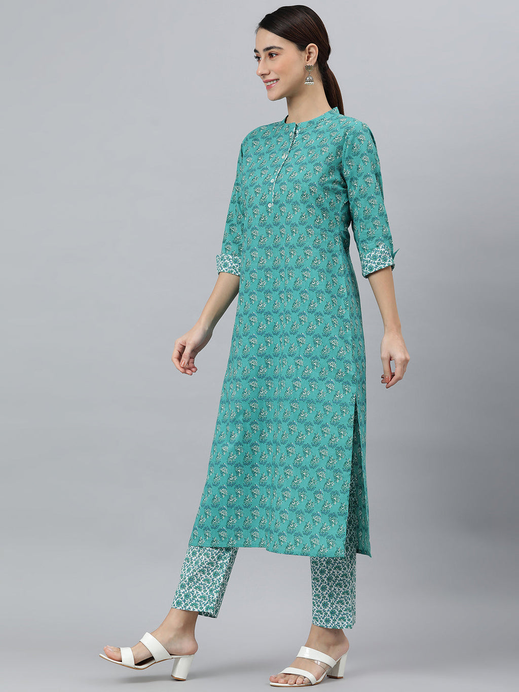 Janasya Women's Sea Green Cotton Block Print Kurta With Pant And Dupatta