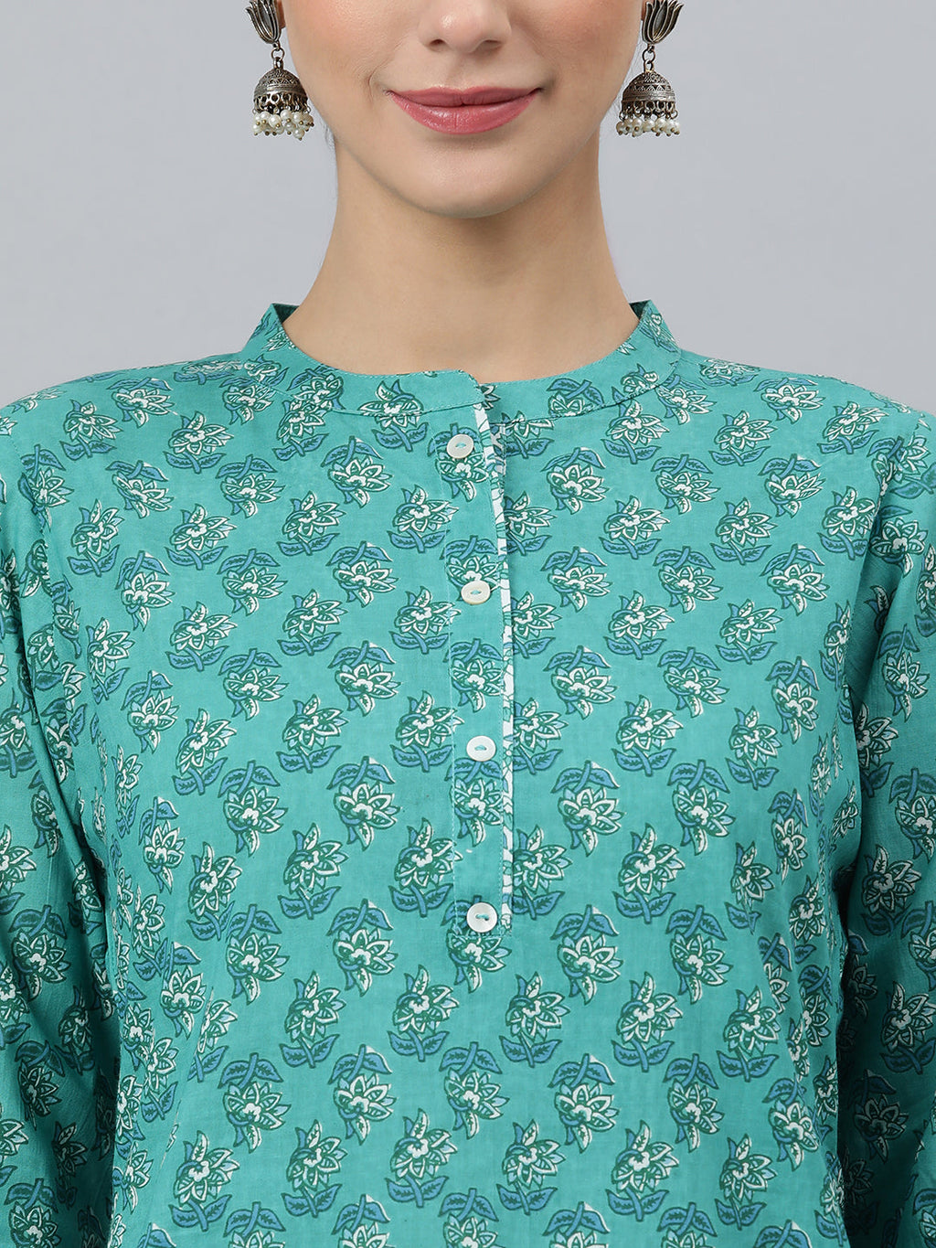 Janasya Women's Sea Green Cotton Block Print Kurta With Pant And Dupatta