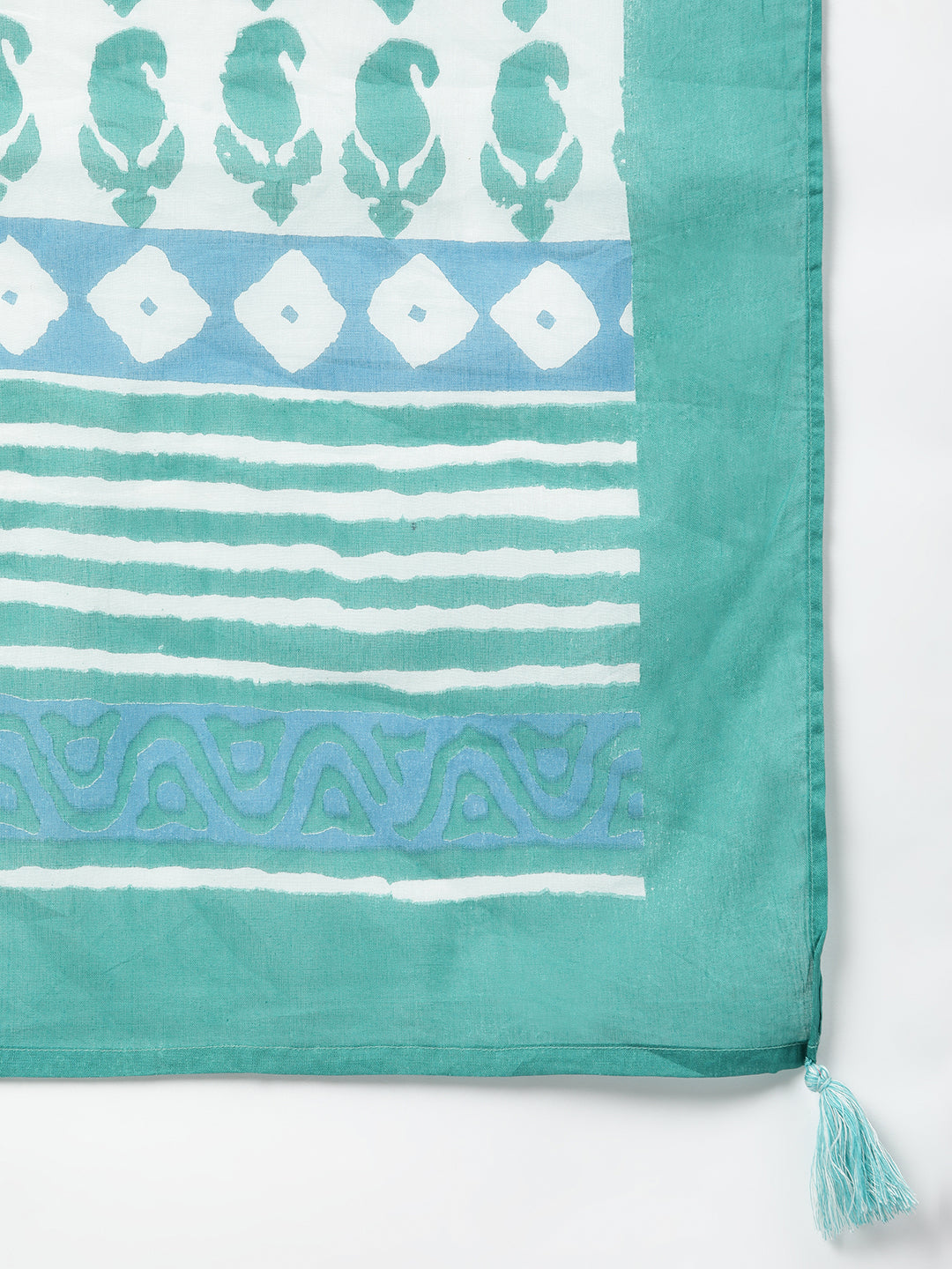Janasya Women's Sea Green Cotton Block Print Kurta With Pant And Dupatta