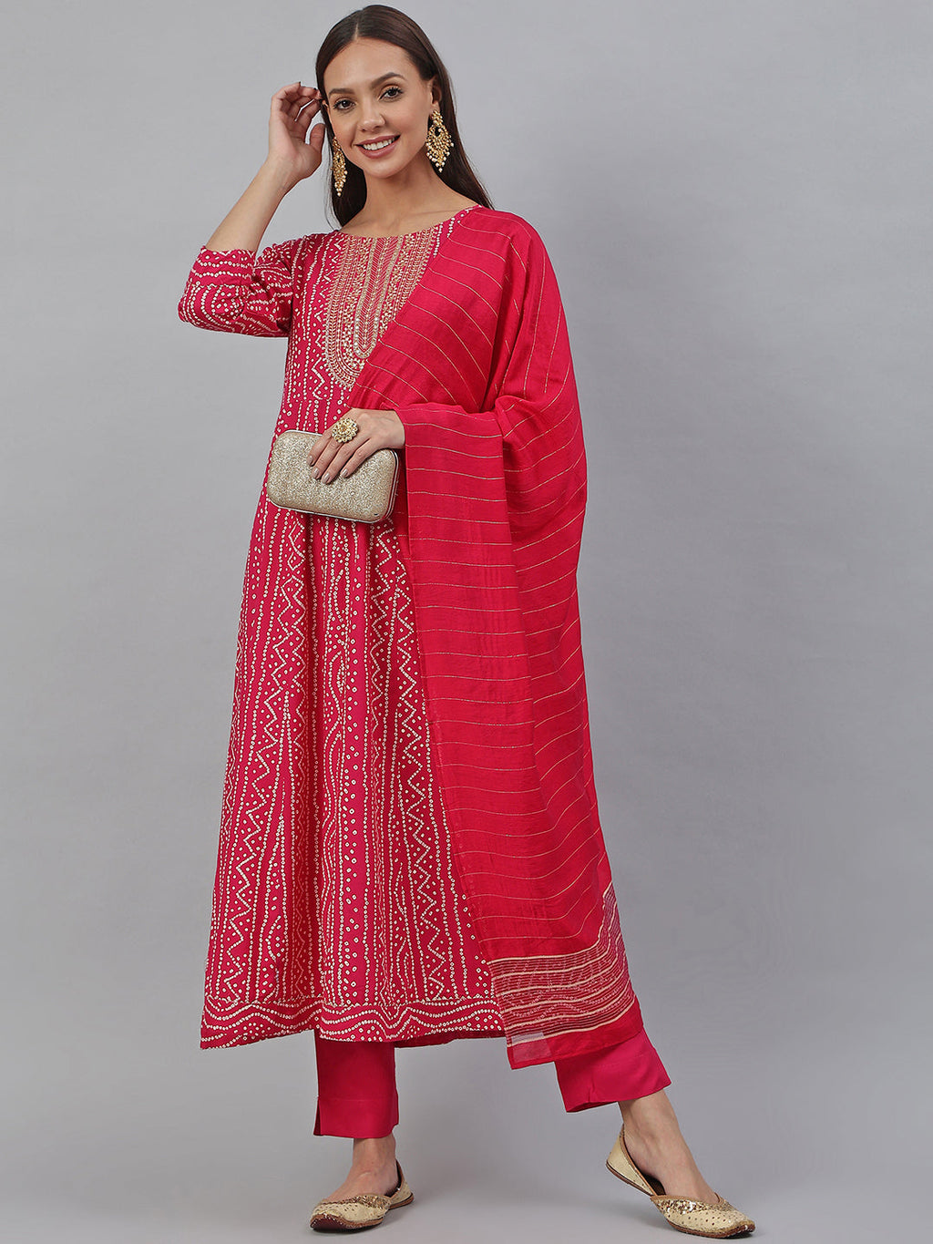 Janasya Women's Pink Rayon Bandhani Kurta With Pant And Dupatta